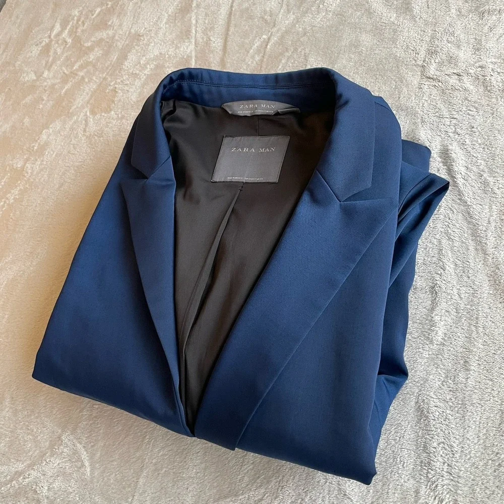 Zara High Sheen Satin Sport Coat EURO Sz 54 Blue Viscose Blazer Jacket US 22